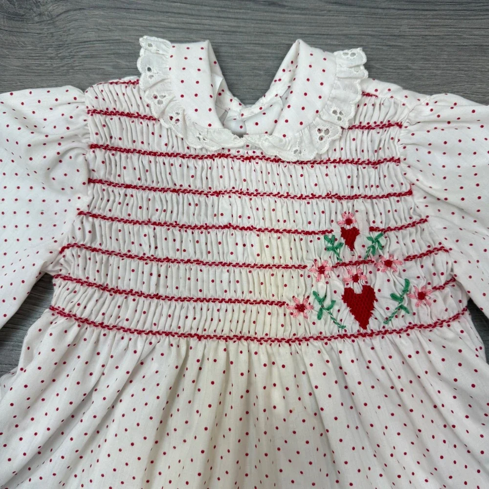 Vintage Polly Flinders Hand‑Smocked Heart Polka Dot Dress White/Red Kids Size 4